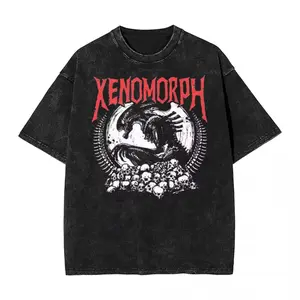 valentine shirts Death Metal Xenomorph Alien Movie Washed T Shirt Streetwear Hip Hop T-Shirt Tees for Men and Women 100% Cotton Oversize Printed