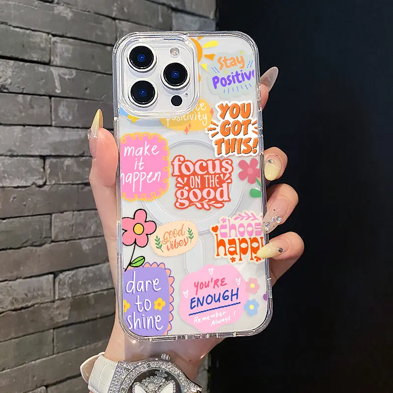 MagSafe-Compatible Magnetic Soft TPU Waterproof Protective Smartphone Casing for iPhone 11/12/13/14/15/16/17 Pro Max, Aesthetic Cute Positive Affirmation Collage Design Phone Accessory with Scratch Resistance