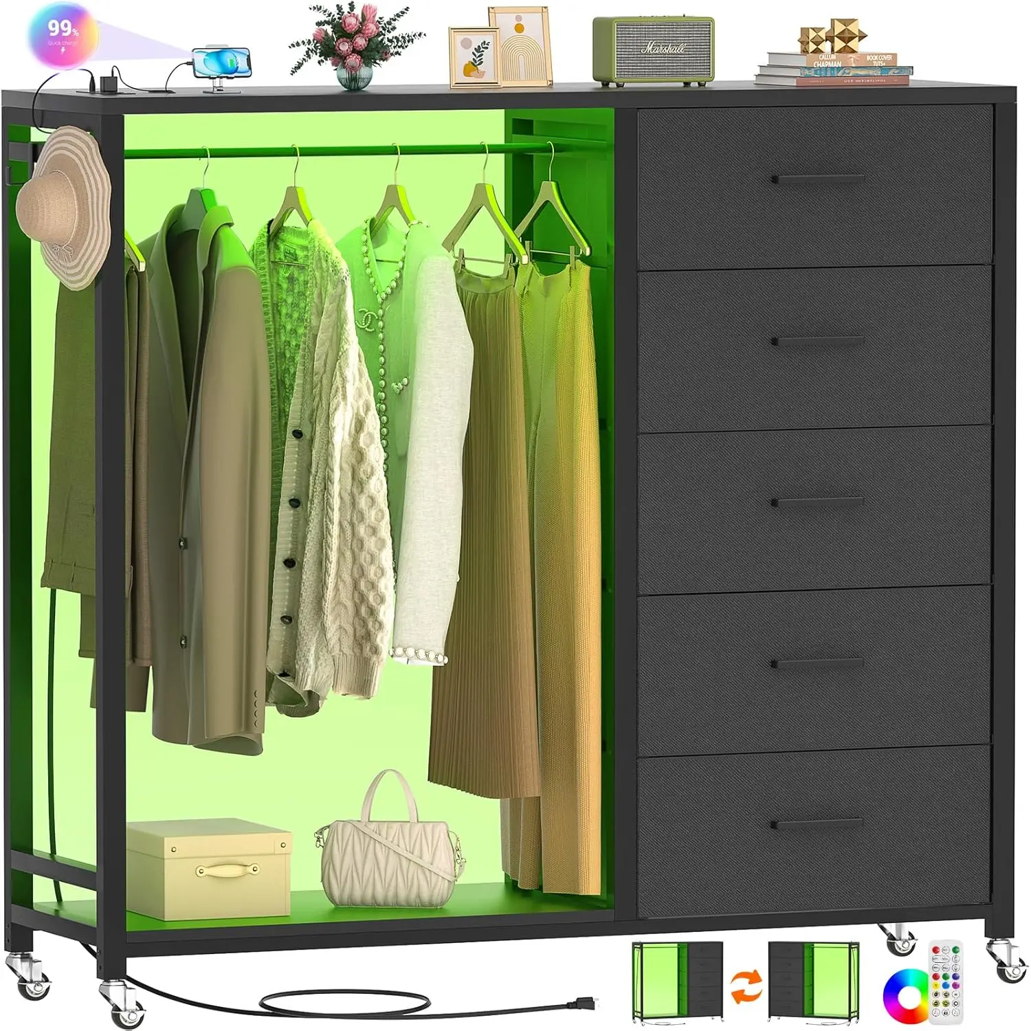 Cyclysio Modern 5-Drawer Sturdy Bedroom Dresser - Furniture with Clothes Rack, Charging Station, LED Lights, Lockable Wheels, Metal Frame, Wooden Top, Left/Right Version, Organization Support, Wide Usage, Installation & After-Sales Service, Cabinet