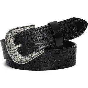 Vintage Western-Cowboy-Belt for Women Men - Carved Buckle PU Leather Waist Belts (for Waist 28"-38")