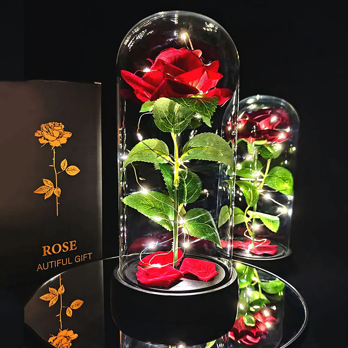 LED Rose Dome Decorative Light, Christmas Valentine's Day Gift, Room Decoration Artificial Flowers, Led Home Decor, Led Lighted, Decorative Lighting, Warm Glow, Roses and Leaves, Light Up Rose, Led Lights