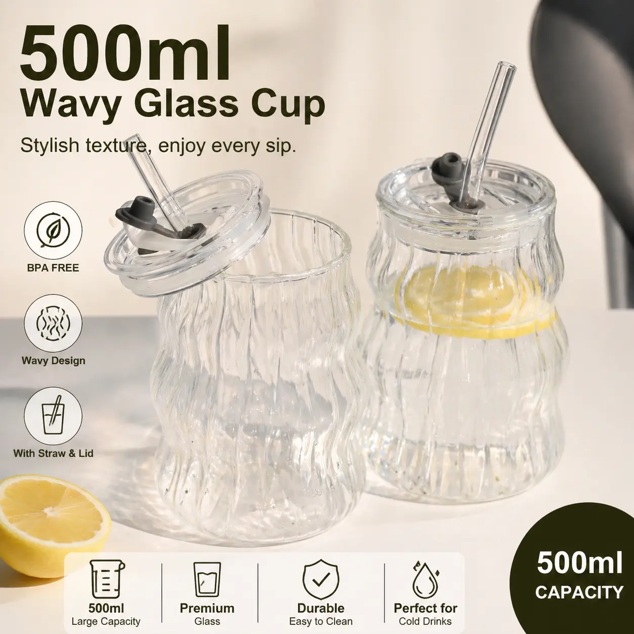 Cute Chubby Glass Coffee Cup with Lid and Straw - INS Aesthetic Clear Tumbler for Women, Stylish Reusable Drinking Glassware for Iced Coffee, Boba Tea, High-Value Lightweight Home & Daily Use Drinkware
