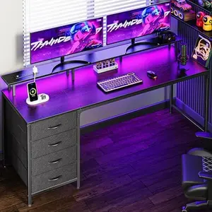40.47 Inch Computer Desk with Power Outlets and LED Lights, Gaming Desk with 4 Drawers, Office Desk with Monitor Stand, Study Work Home Office, Small Spaces, Black computer desk with a power socket and LED light, a game desk with four drawers
