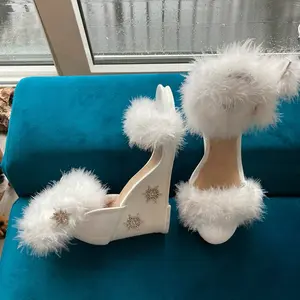 White Fluffy Bedazzled Winter Wedge Sandal Heels