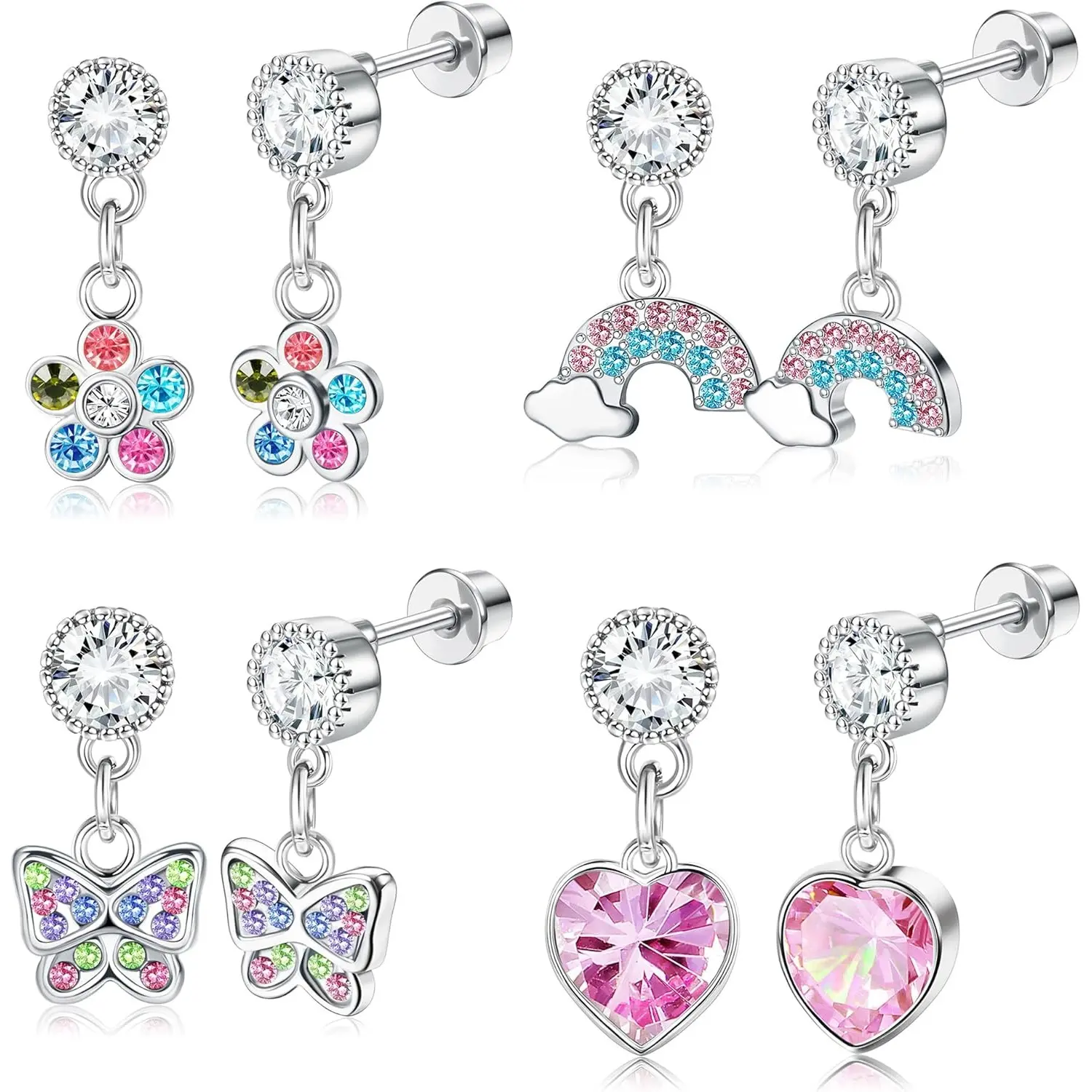 YADOCA 4 Pairs Screw Back Earrings For Girls Women Hypoallergenic 316L Stainless Steel Cute Pink CZ Heart Screwback Dangle Earrings Multicolored Cubic Zirconia Flower Butterfly Rainbow Earrings Dangling Set