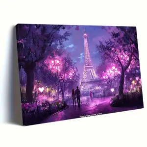 1 Piece Romantic Paris Night Canvas Print with Wooden Frame - Eiffel Tower and Purple Rose Scene, Inspiring Wall Art, Perfect for Home Decoration and Valentine's Day or Easter Gift, Paris Room Decoration