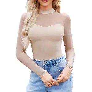 Women's Double Lined Slimming Bodysuit - Mock Neck, Sheer Mesh Long Sleeve Top for a Flattering Look