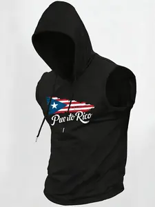 Men's Muscle Fit Sleeveless Hoodie Vest, Puerto Rico Flag Handwriting Graphic Print, Vintage Distressed Design, Breathable Quick Dry Fabric, Fitness