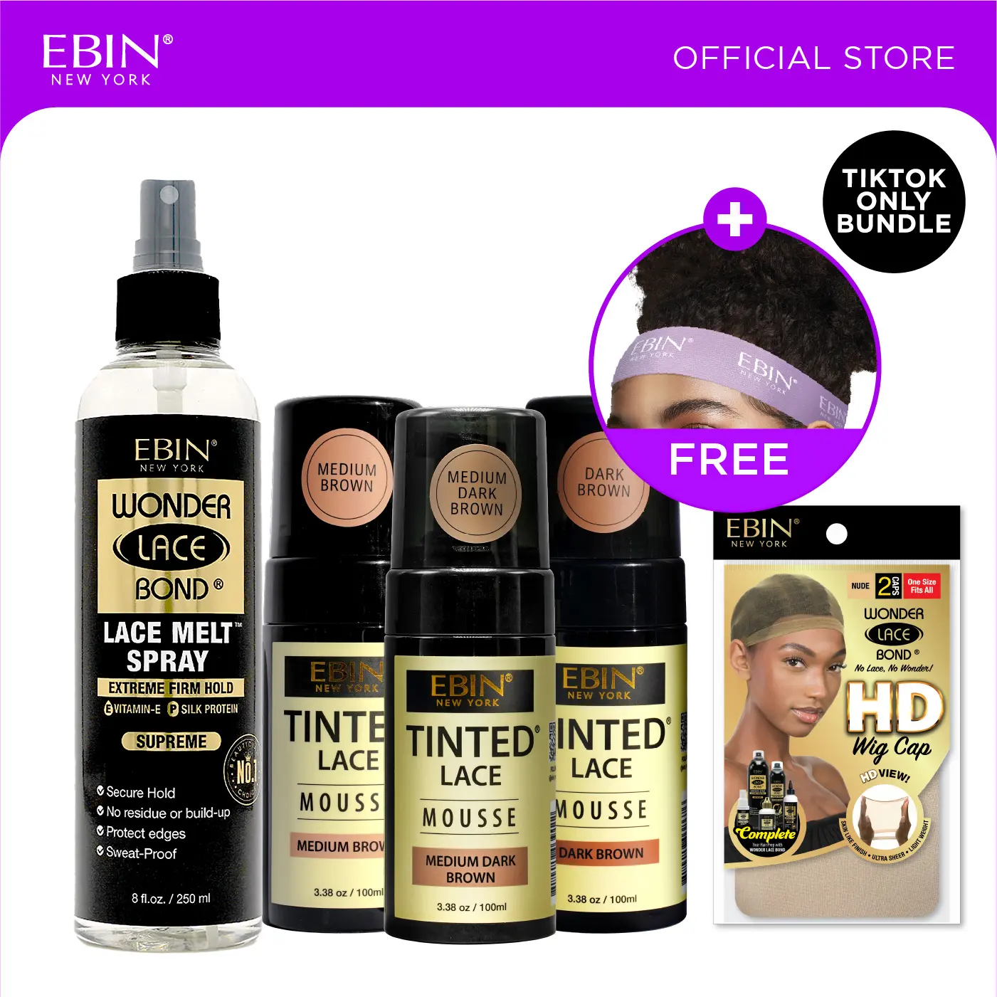 EBIN Tinted Lace Mousse Bundle (Medium Brown, Medium Dark Brown, Dark Brown) + Wonder Lace Bond Melt Spray + HD Wig Caps Bundle with FREE Melting Band| Natural Tone Match, Seamless Lace Melt