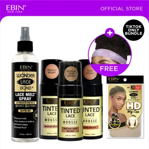 EBIN Tinted Lace Mousse Bundle (Medium Brown, Medium Dark Brown, Dark Brown) + Wonder Lace Bond Melt Spray + HD Wig Caps Bundle with FREE Melting Band| Natural Tone Match, Seamless Lace Melt