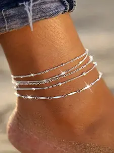 5pcs/Set Fashionable Minimalist Silver Metal Stackable Anklet Set For Women Geometric Style Casual Perfect For Beach Vacation And Party Gift