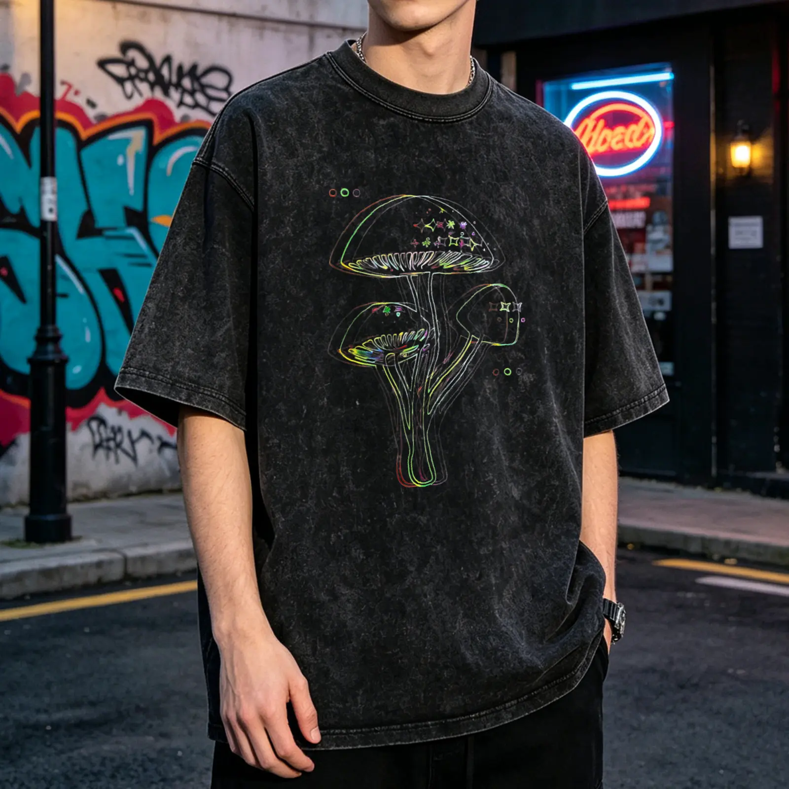 Men's Casual Vintage Washed Neon Glow Mushroom Graphic Short-Sleeve T-Shirt - Round Neck, Breathable Soft Baggy Oversized Tee, Colorful Style, Machine Washable, For Movie Lovers, All Seasons, M=US(8-10)