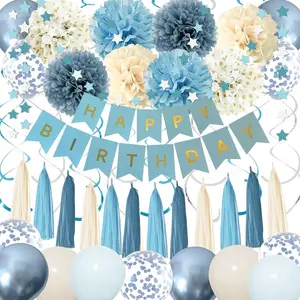 Dusty Blue Party Decorations with Blue Sand  Balloons, Happy Birthday Banner, Paper Pompoms,  Banner for Boys  Party Decor