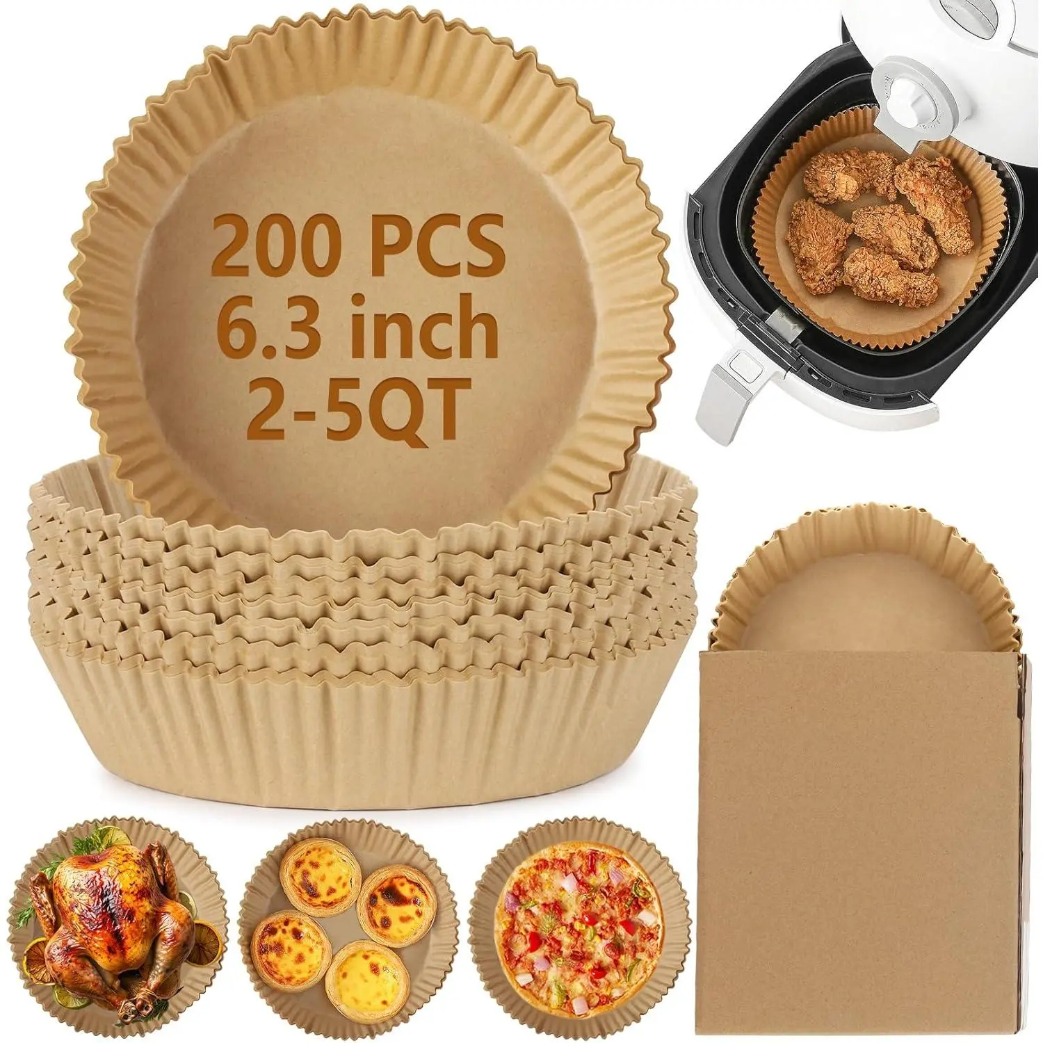 200 count Air Fryer Disposable Paper Liner, Round Non-Stick Air Fryer Liners  Paper for Baking Roasting Roasting Microwave Oven (6.3 inch)