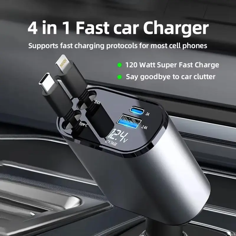【TikTokShopSummerSale】Joytutus CarFan 2026 120W Retractable 4-in-1 Car Charging Cable & 4-Port Adapter for iPhone Galaxy Pixel Safe Reliable Car Plug Carcharger with Dual Type-C Cables and Ultra-Fast Charging for Laptops