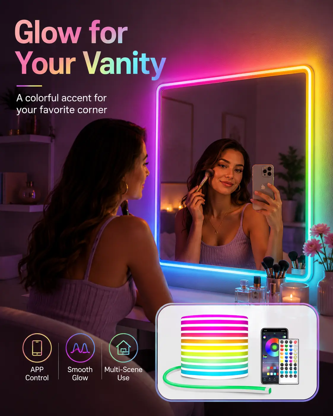 4 Premium Silicone Cuttable RGB LED Strip Lights - 16M+ Colors, APP Control, Included Remote, IP65 Waterproof, USB Powered, Soft Glow for Cozy Indoor Home Improvement Lighting