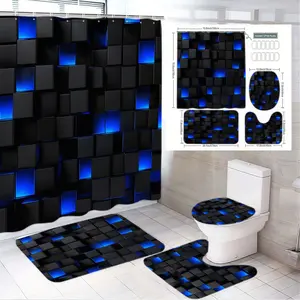1/4pcs Modern Geometric Bathroom Decor Set - Stunning Matte Black Shower Curtain Sets with Royal Blue Accents, Elegant Toilet Lid Cover, Stylish Contour Bath Mat & U-Shaped Floor Mat, Perfect for a Chic Holiday Refresh in Your Bathroom Space