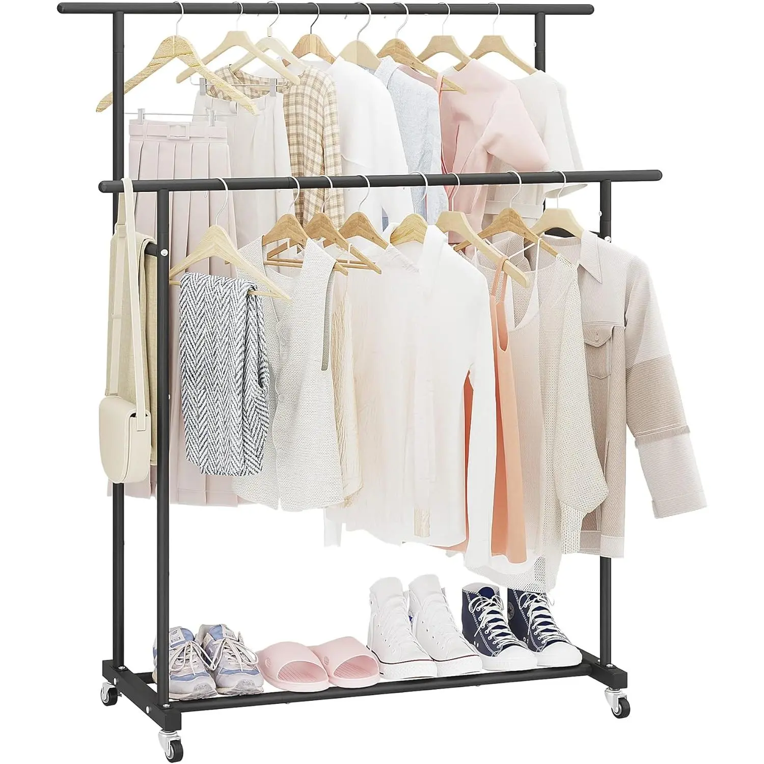 Double Rod Clothing Garment Rack,Rolling Hanging Clothes Rack,Portable Clothes Organizer for Bedroom,Living Room,Clothing Store,Black