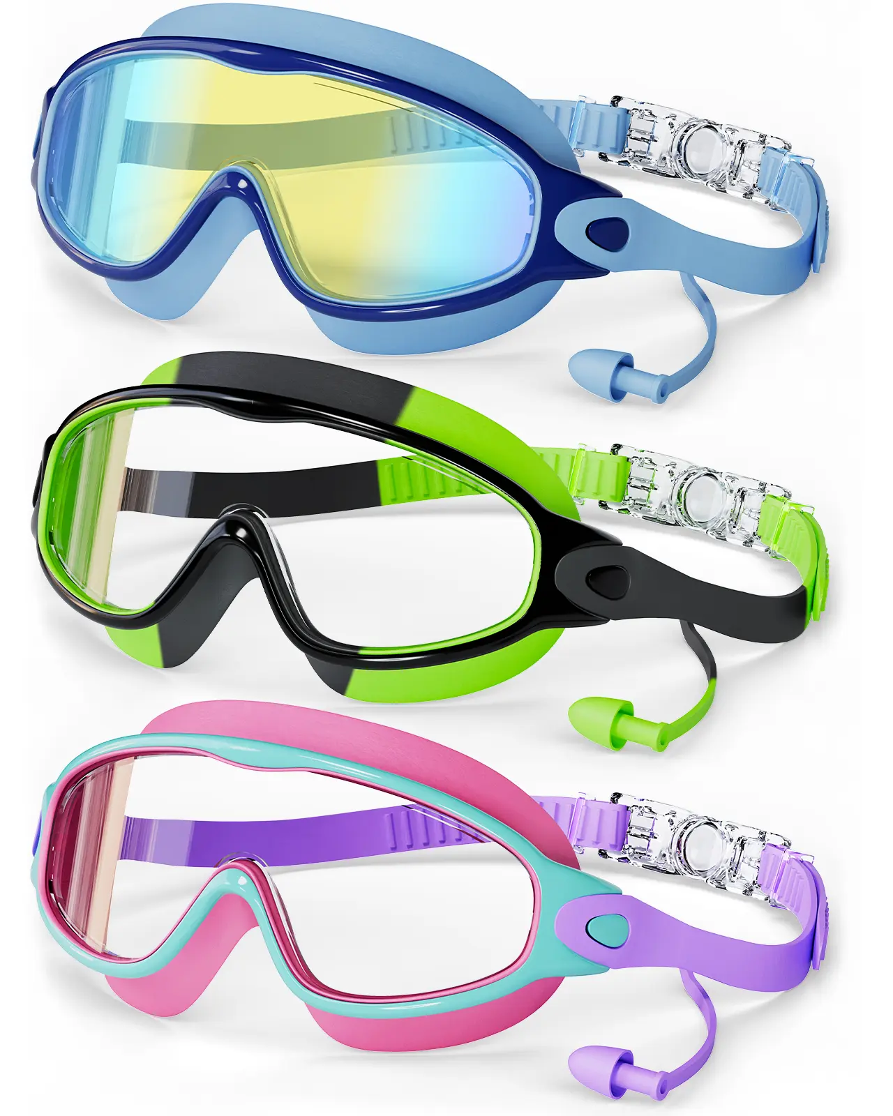 Kids Swimming Goggles with Earplugs, Anti-Fog, Waterproof, Ages 6–12