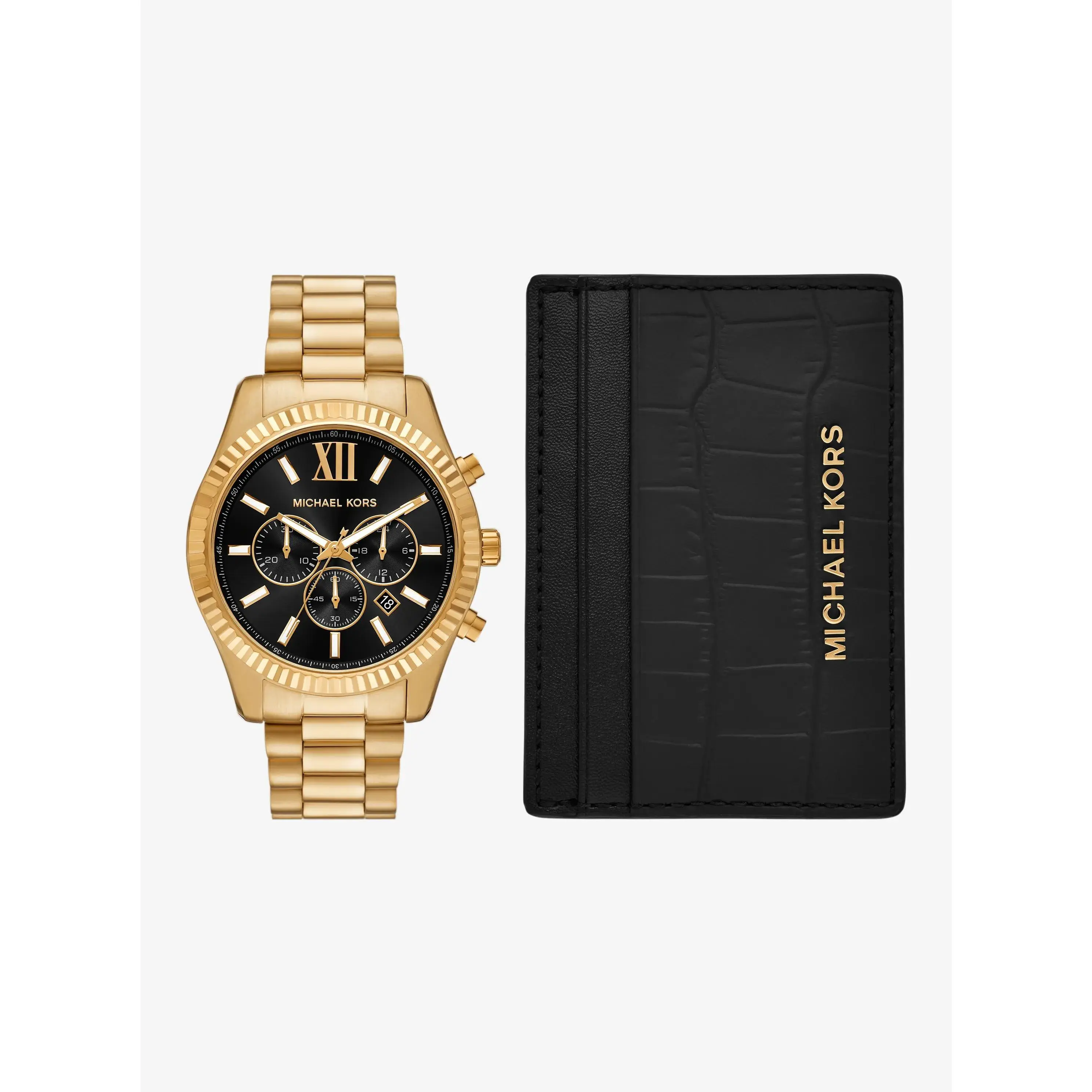 Oversized Lexington Gold-Tone Watch and Crocodile Embossed Leather Card Case Gift Set