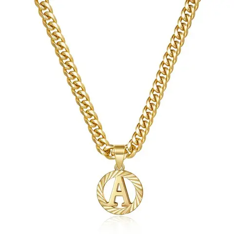 14k Gold Plated Initial Cuban Link Necklace - Bold Cuban Style Chain, Modern Hollow Round Letter Pendant, Customizable A-Z Initials Necklace, Unisex Streetwear/Casual Tops Statement Costume Jewelry Gold Accessory