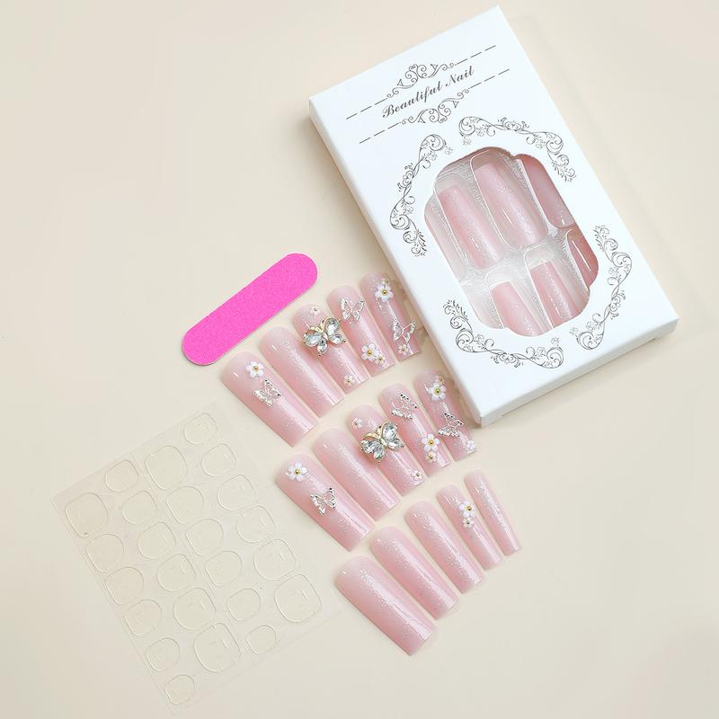 12Pcs Long Press on Nails Coffin 3D Flower Fake Nails with 3D Alloy Butterfly Charms Design  Nails for  Stick on Nail Manicure for Women Girls Rechargeable Electric Nail Clippers with Light