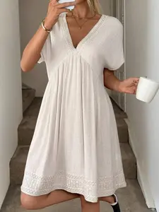 Easowa Summer Linen Ladies Loose Casual Dress, Beige Color, Suitable For Music Festivals  Summer Dresses For Women Summer Dress Casual Dress Western Dress Boho Dress Modest Dresses For Women,Shirt Dresses For Women