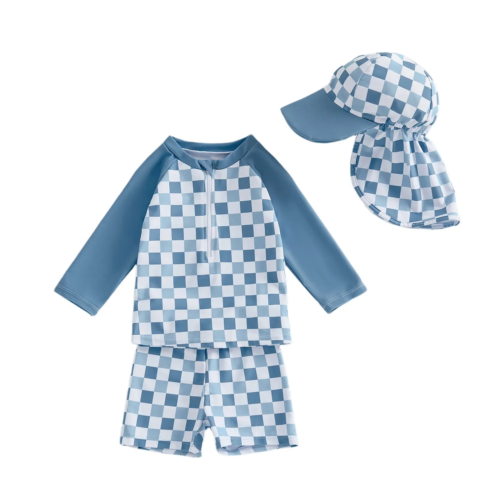 Babamoon Toddler Baby Boy Swimsuit Set Checkered Long Sleeve Rash Guard Swim Tops Swim Shorts and Sun Hat Swimwear 6M-4Y