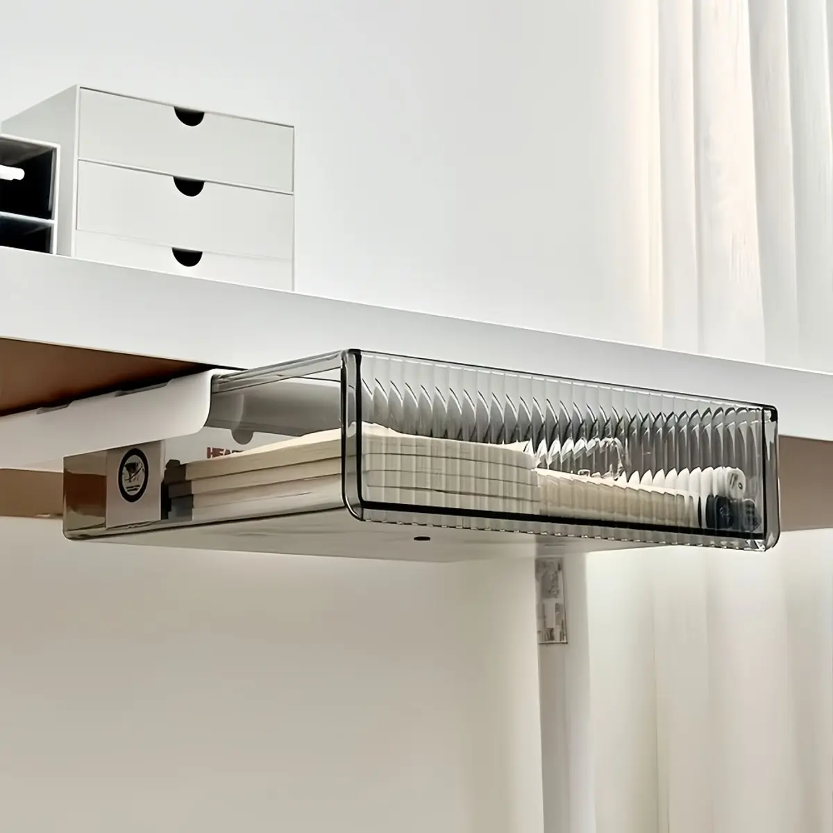 Transparent Under Desk Storage Drawer, hidden pull-out organizer box for makeup products stationery and small office supplies, space-saving desktop storage solution for home organization and workspace decluttering, Clear Desk Organizer