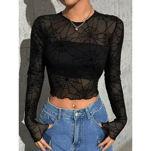 Spider Web Print Lettuce Trim Crop Mesh Top Without Cami Top