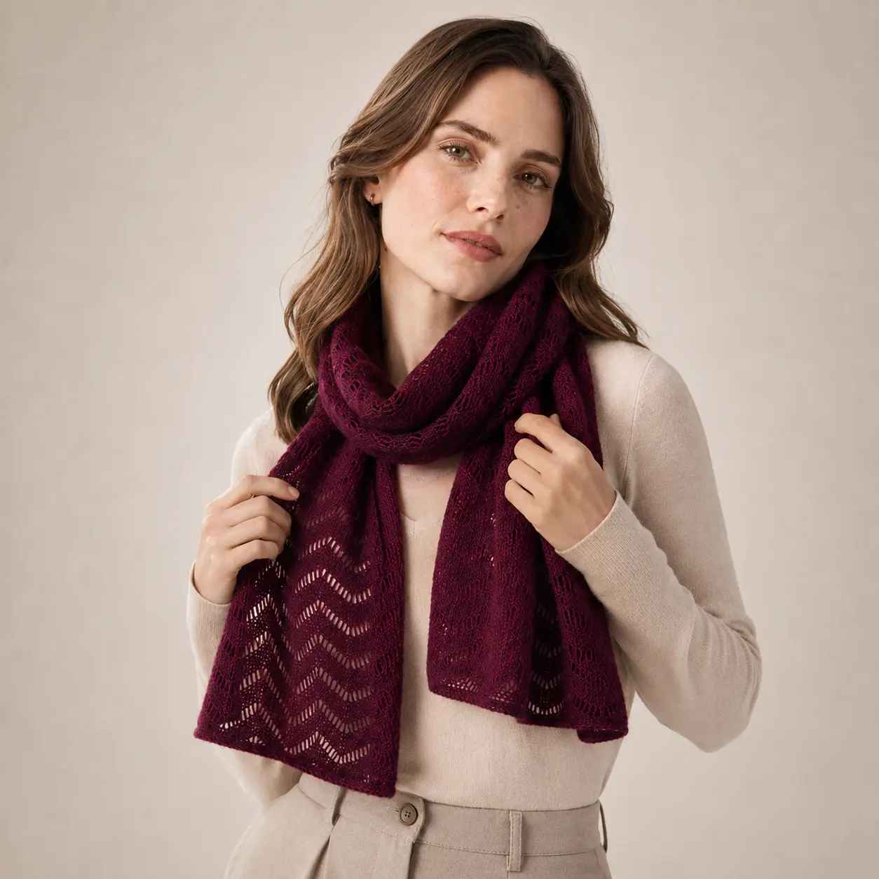 100% Cashmere Chevron Open-Knit Scarf — Lightweight Lace Wrap, Multi Colors (Style 5395)