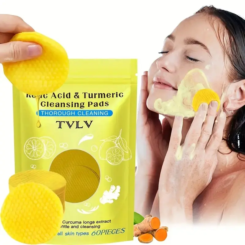 60pcs Kojic Acid & Turmeric Face Cleansing Wipes, Facial Cleansing Pads, Gentle Facial Skin Care, Suitable for All Skin Types, Portable and Easy to Use