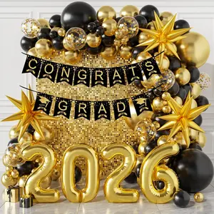 Graduation Decorations 2026 Black and Gold, 2026 Graduation Decorations Balloon Arch Kit, Black and Gold Graduation Balloons Class of 2026, Graduation Balloon Banner Arch Kit