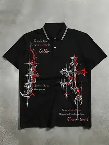 Men's Short Sleeve Polo Shirt, Gothic Cross & Skull Print, Colorblock Striped Collar, High-Quality Breathable Fit, Casual Streetwear Versatile Top, Breathable Menswear