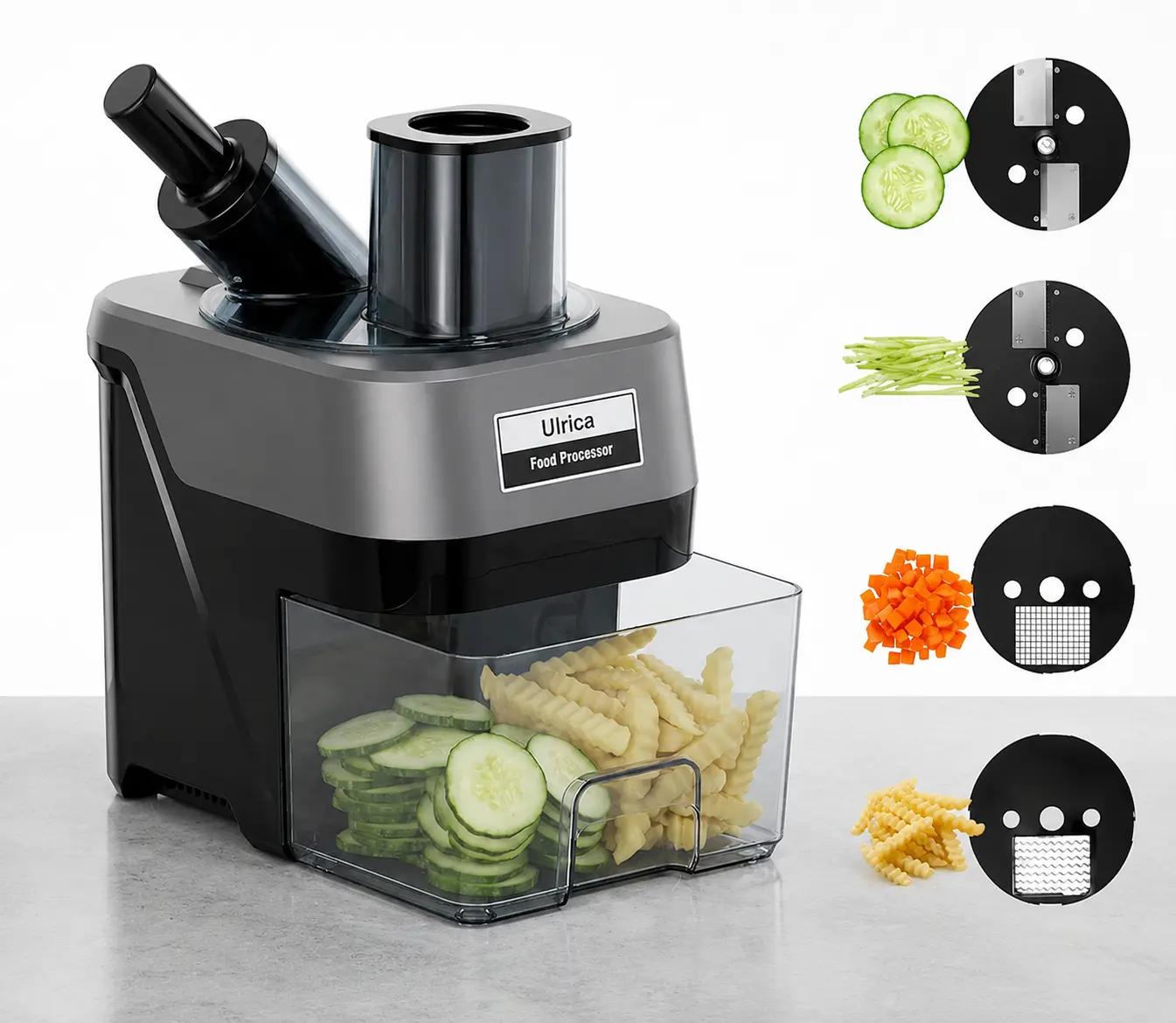 4-in-1 Electric Vegetable Chopper Food Processor, 100W Kitchen Cooking Appliance with Dual Feeding Ports, Stainless Steel Blade for Slicing, Dicing Fruits Veggies