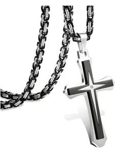 Black 14K Gold Plated for Men Stainless Steel Chain With Classic Fashion Cross Pendant Necklace 22-30Inch