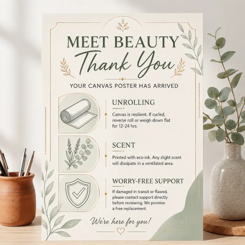 After-Sales Care & Protection Certificate for Artistic Canvas Wall Art Prints, Suitable for Home Decor Use Cases