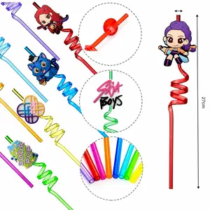 Cute Cartoon Topper Spiral Straws for Kids, Colorful Twisty Reusable Drinking Straws, Fun Decorative Party Drink Accessories for Birthday, School, Juice, Milk, Smoothies & Holiday Gifts