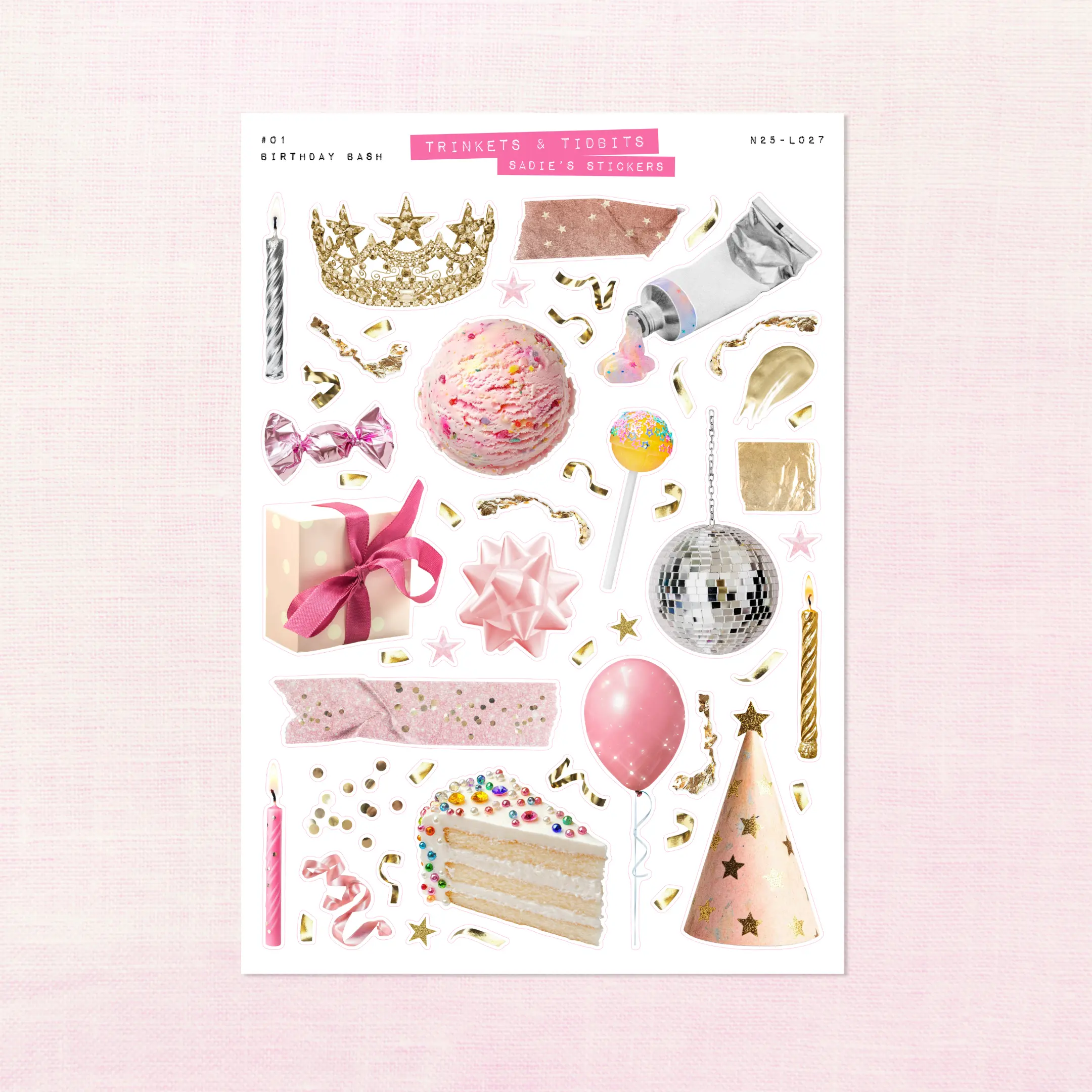 Birthday Bash Trinkets • Junk Journal Sticker Sheet • Trinkets & Tidbits • Scrapbook Stickers • Vision Board • Celebration Party Aesthetic