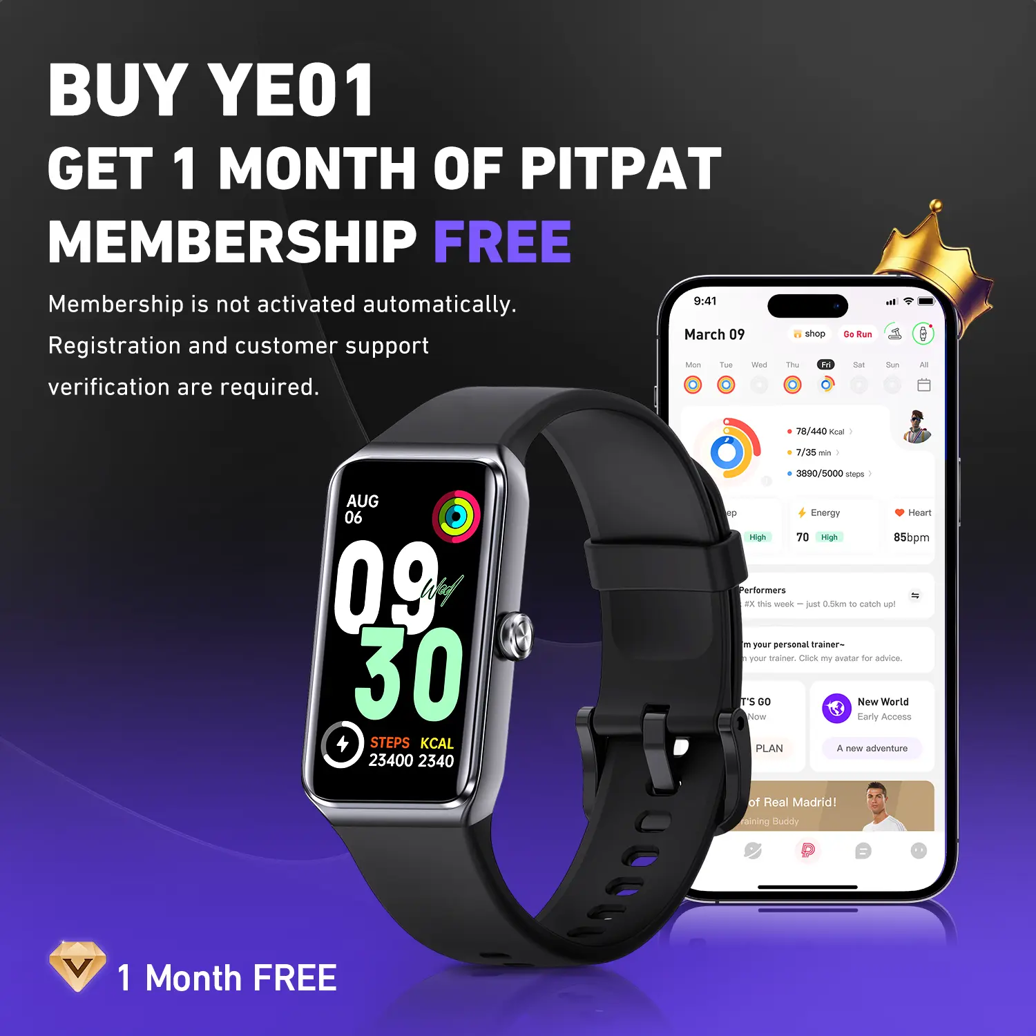【DeerRun x PitPat】YE01 Digital Wearable Health Fitness Sports Smartwatch - Step Tracker Watch, Heart Rate/Workout Tracking, Gamified Challenges, 30-Day PitPat Membership, Treadmill & Daily Activity Use, Wearable Smartwatch