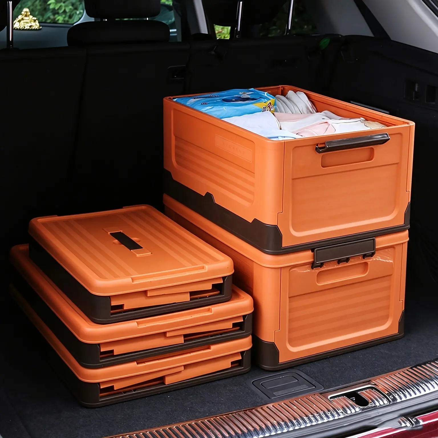 1pcs Foldable Storage Boxes, Waterproof Durable Plastic With Flip Lid For Home, Car Trunk, Dorm, Picnic And Camping - Orange And Blue Rectangular Storage For Bags, Picnic Essentials | Stackable Design | Secure Flip Lids