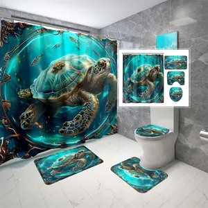 Sea Turtle Pattern Bathroom Decorations, 4 Counts/set Shower Curtain Sets Including Shower Curtain & Toilet U-shape Mat & Bathroom Mat & Toilet Lid Cover, Bathroom Accessories with Hooks