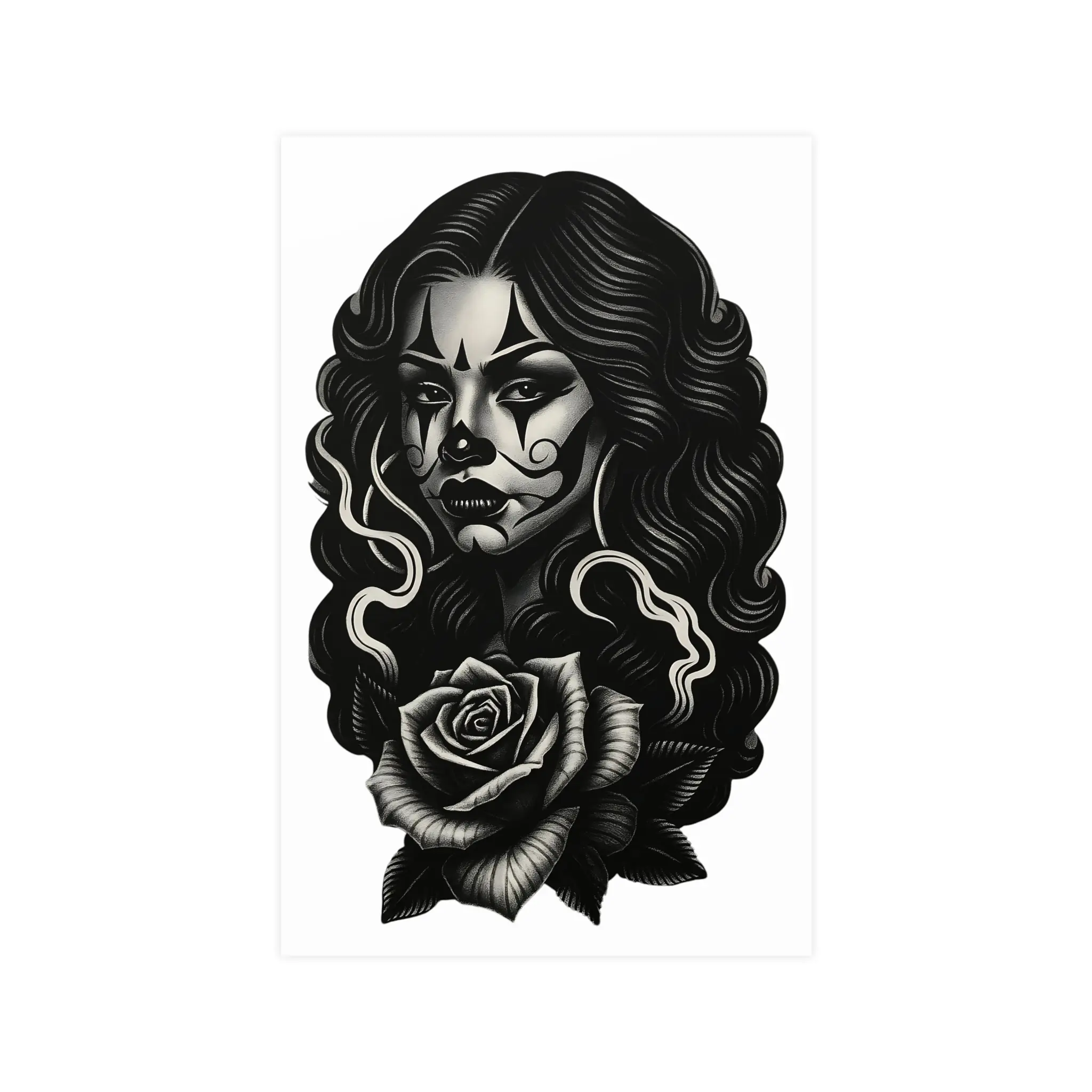 Chicana Clown Rose Poster – Black & Grey Tattoo Art Edition