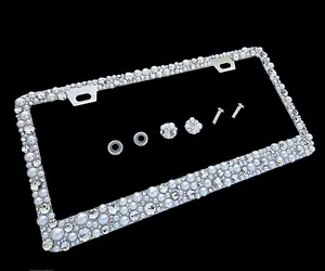 Dazzling Addiction 3D Bling License Plate Frame Big Chunky Creamy White Pearls and Clear Rhinestones Made in USA Handmade Holder Screw Caps Personalizable Customizable Customized Bedazzled Sparkly Shimmering Gift for Girls Women 2 Holes Crystals Diamond
