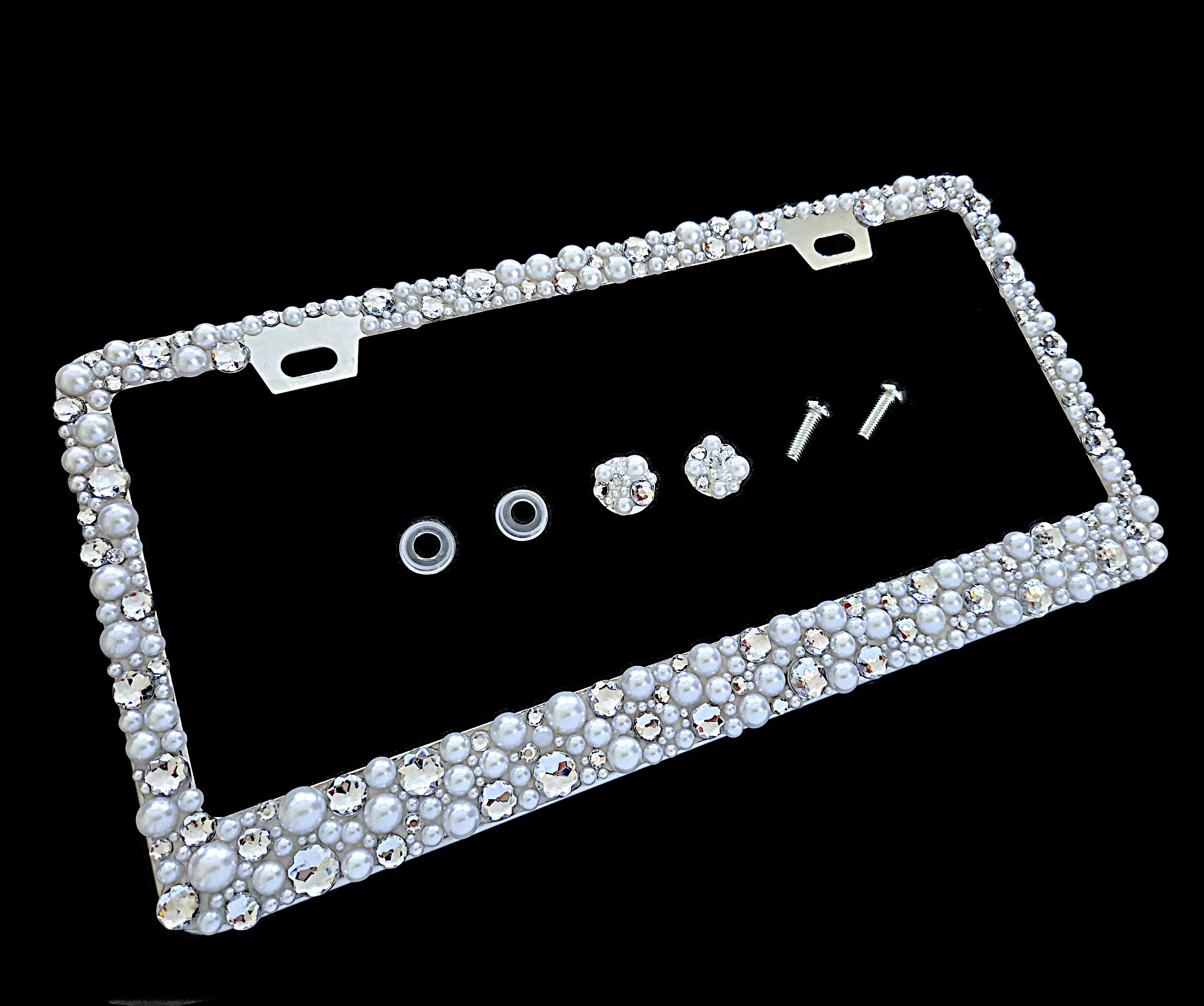 Dazzling Addiction 3D Bling License Plate Frame Big Chunky Creamy White Pearls and Clear Rhinestones Made in USA Handmade Holder Screw Caps Personalizable Customizable Customized Bedazzled Sparkly Shimmering Gift for Girls Women 2 Holes Crystals Diamond