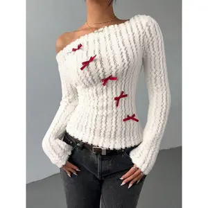 Women's asymmetrical bow collar T-shirt, cute autumn and winter long sleeved top, women's daily clothing (gifts) lace women's clothingRAIMENTRY