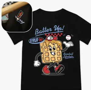 2 Sided Youth T-Shirt Batter Up Baseball Graphic Tee, Funny Waffle Baseball Cartoon Shirt, Baseball Fan Game Day Outfit, Youth Shirt Available In Sizes XS–XL