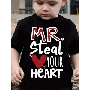 Boys' Valentine' Day Cotton T-Shirt "Mr Steal Your Heart" Print - Cute Casual Short Sleeve Round Neck Tee with Asymmetric Hem, Cute Valentine' Outfit Gift for ( & Boys) - Machine Washable Summer Top, Minimalist, Cotton Material