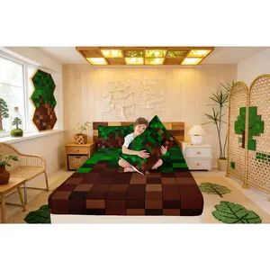 Pixelated Kids Fitted Sheet,Patchwork Grid Video Games Boys Girls Bed Sheets,Miners Lattice Simple Room Decor,Dark Green Brown Bedding Set,(No Flat)