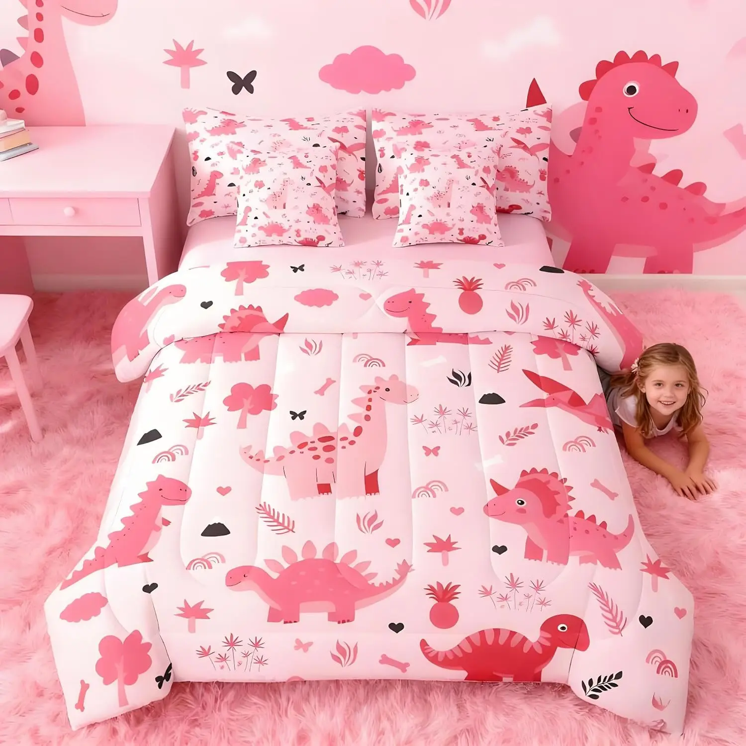 Kids Pink Dinosaur Comforter Set with Sheets Cute Dinosaur 7 Pieces Bedding Set Cartoon Animal Bed in a Bag Room Decor Soft Lightweight Microfiber